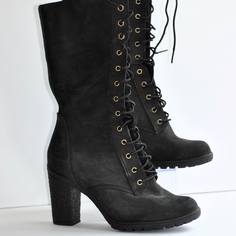 Size 7 Timberland  Heels Boots Black  13 inch Knee